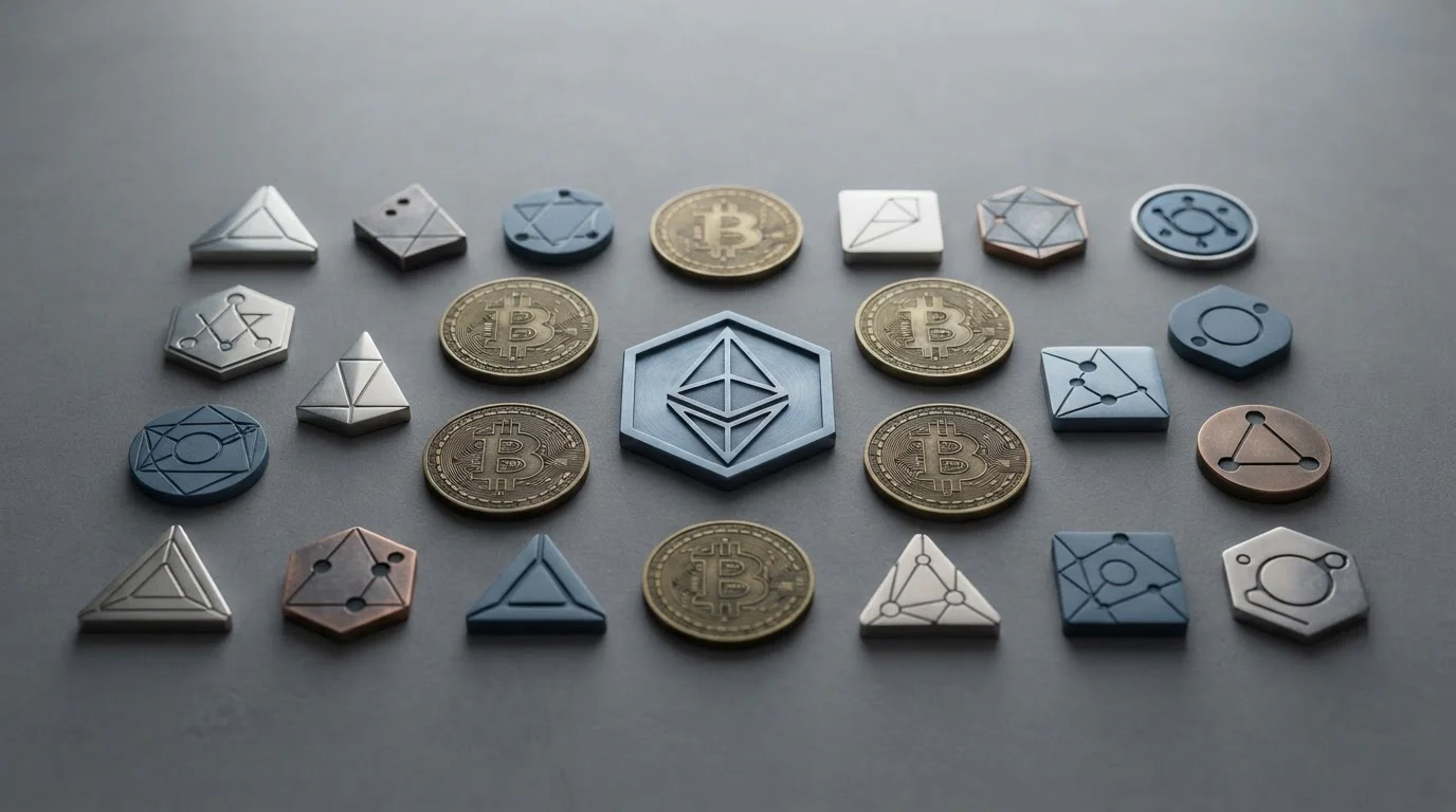 Various cryptocurrency coins including Bitcoin, Ethereum, and altcoins on neutral background