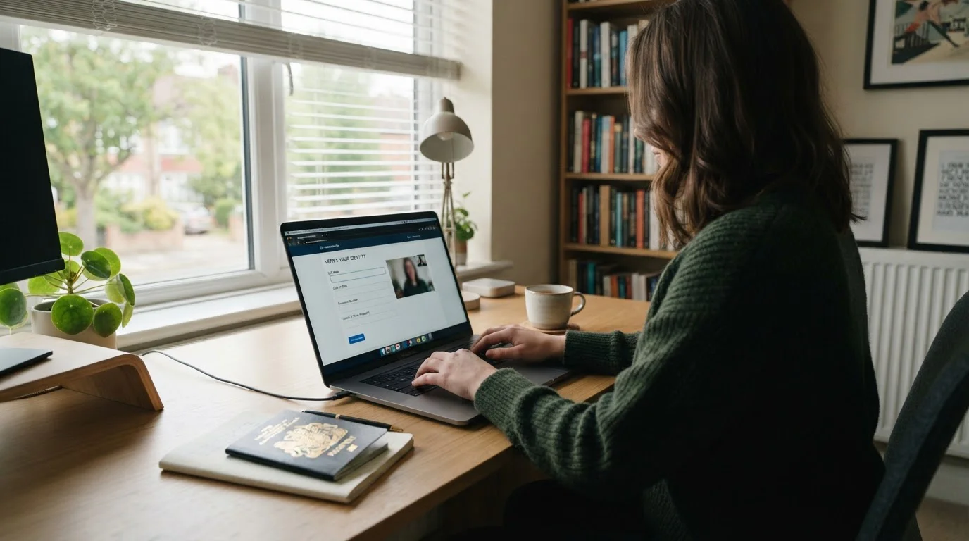 Person at laptop completing online identity verification with passport visible on desk