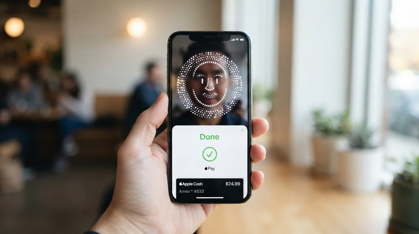 Close-up of iPhone showing Apple Pay authentication with Face ID for casino deposit transaction