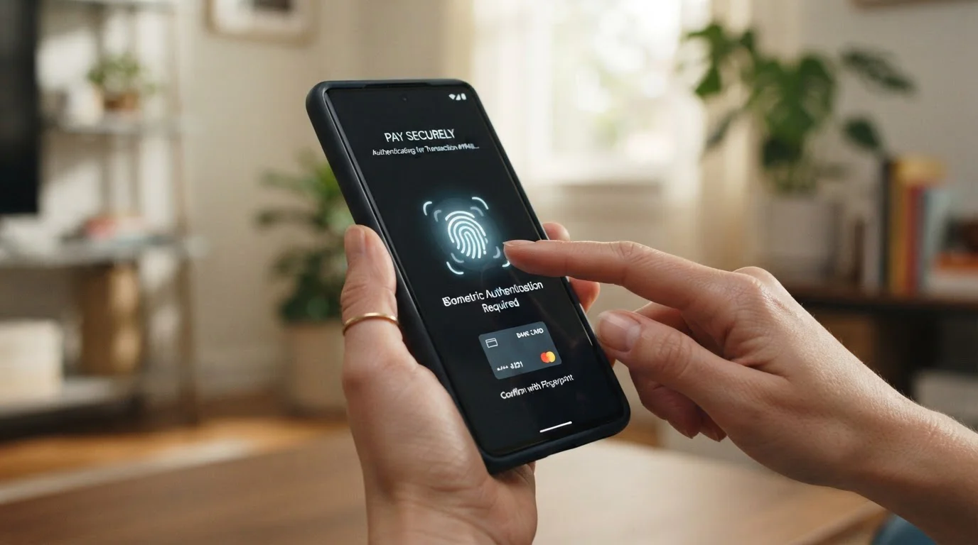 Smartphone showing Apple Pay and Google Pay authentication with fingerprint scanner