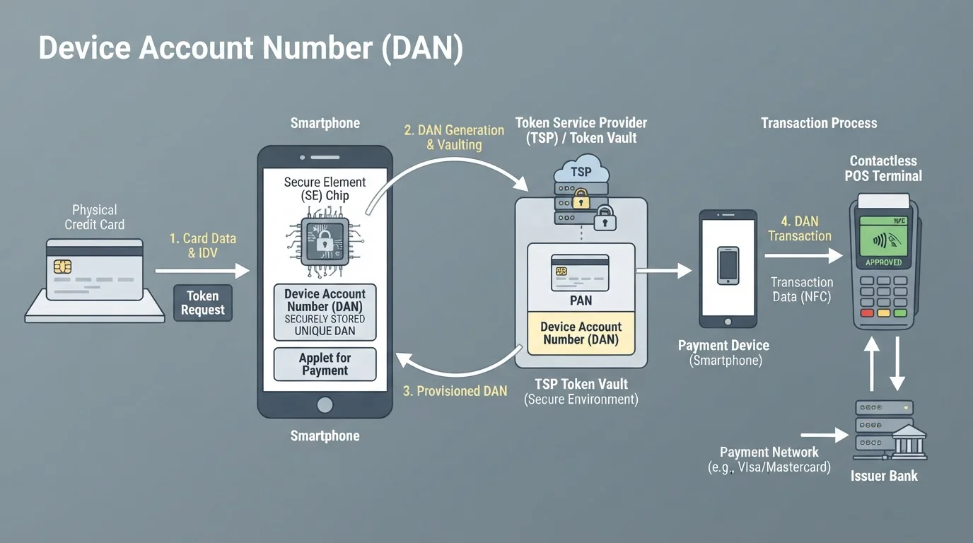 Technical diagram showing Apple Pay tokenisation process with Secure Element chip and Device Account Number