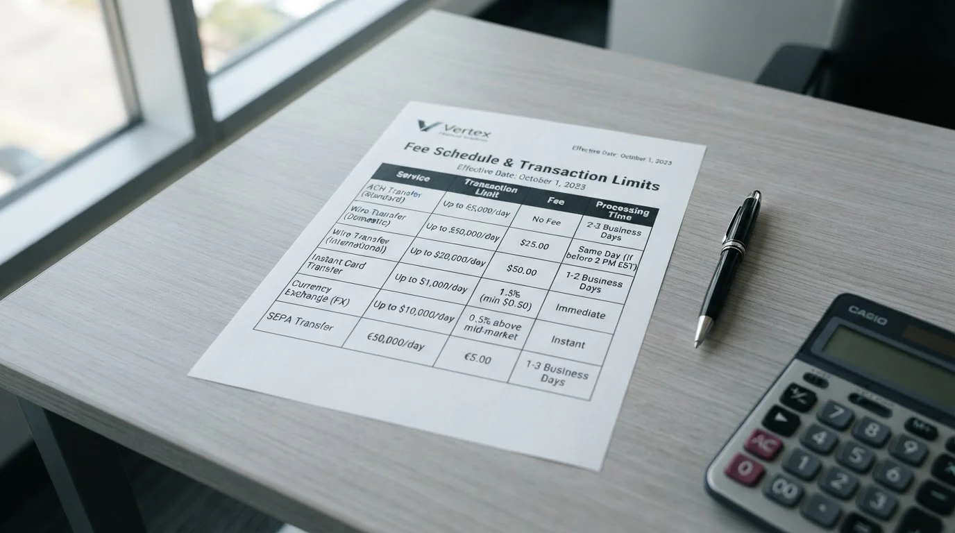 Clean document showing payment fee breakdown and transaction limits
