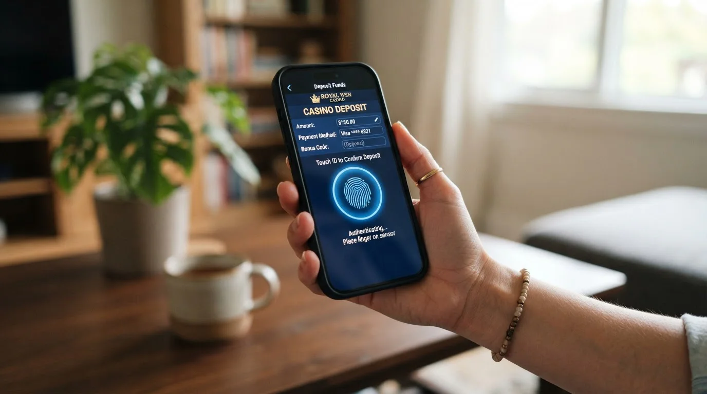 Person using smartphone to authorise casino deposit via biometric authentication