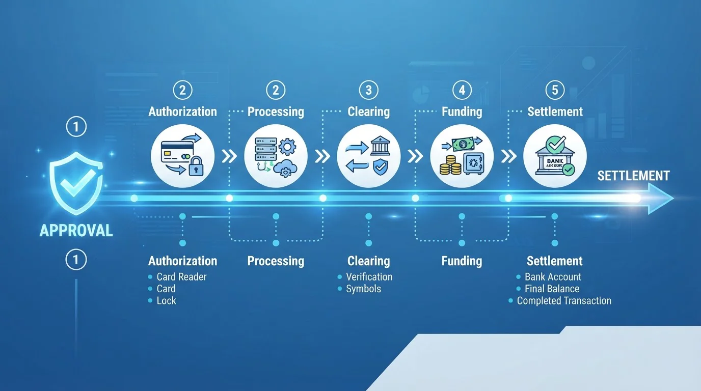Timeline diagram showing casino processing stages and bank settlement