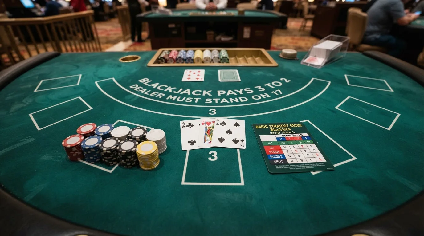 Blackjack table layout showing optimal strategy card and casino chips