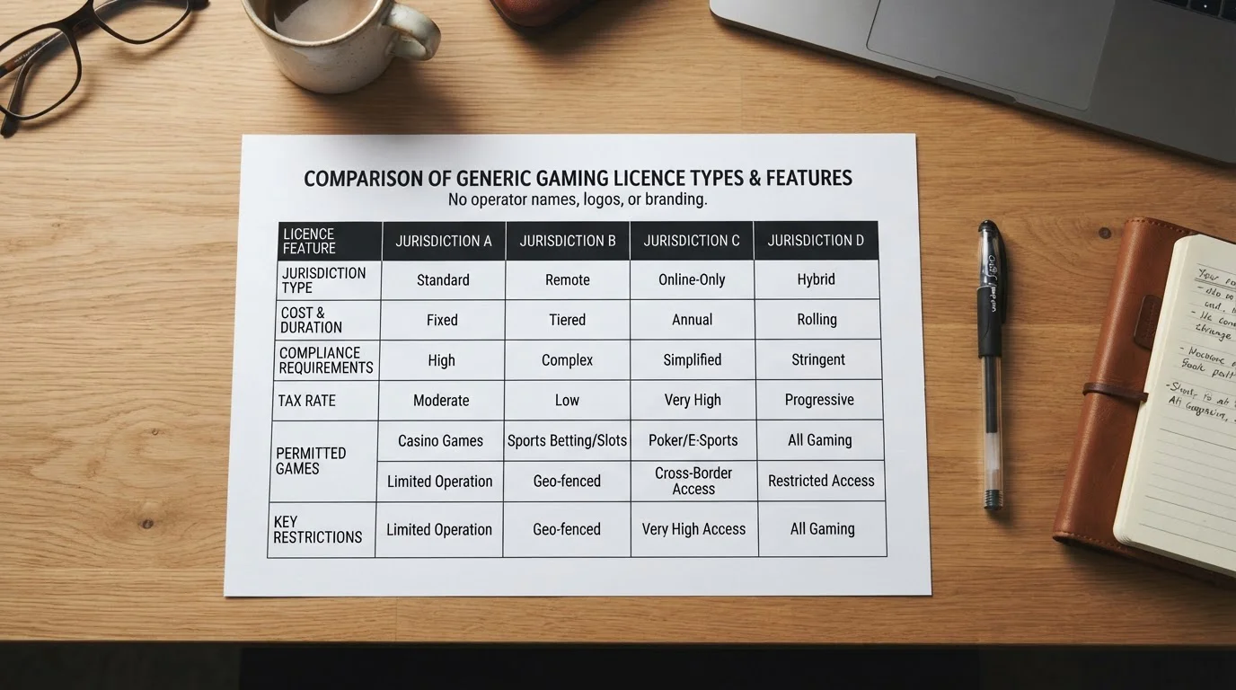 Side-by-side comparison chart of offshore crypto casino licences and features