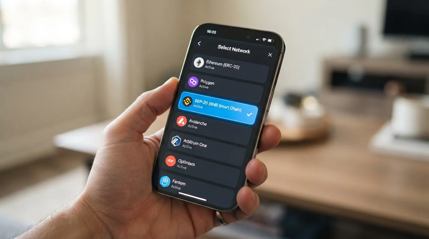 Smartphone displaying BNB Smart Chain network selection screen with BEP-20 highlighted