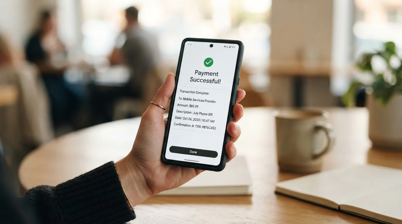 Mobile phone displaying payment confirmation charged to phone bill at casino cashier