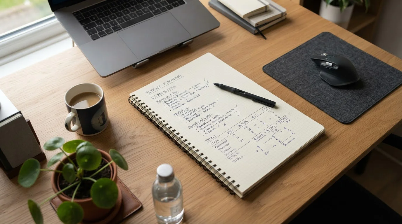 Calculator and notepad with bonus value calculations on desk