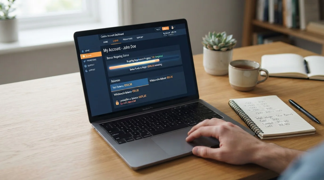 Casino account screen showing bonus wagering progress bar and locked withdrawal balance