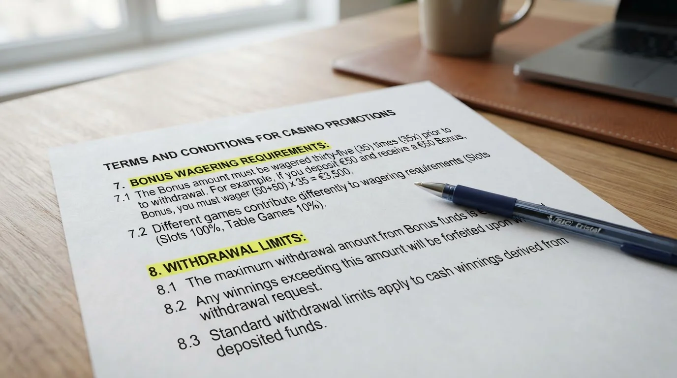 Close-up of bonus terms document with wagering requirements and withdrawal limits