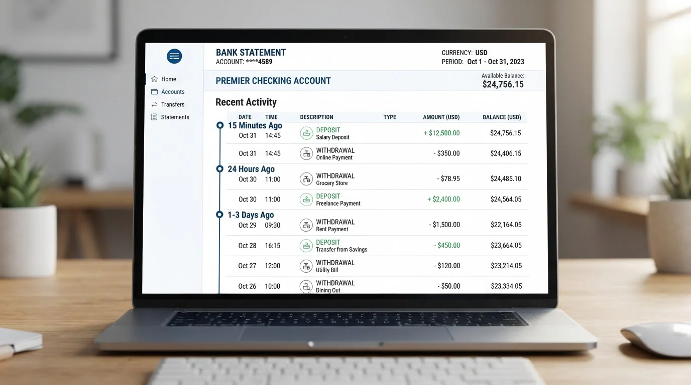 Bank statement showing casino deposit and withdrawal transaction times