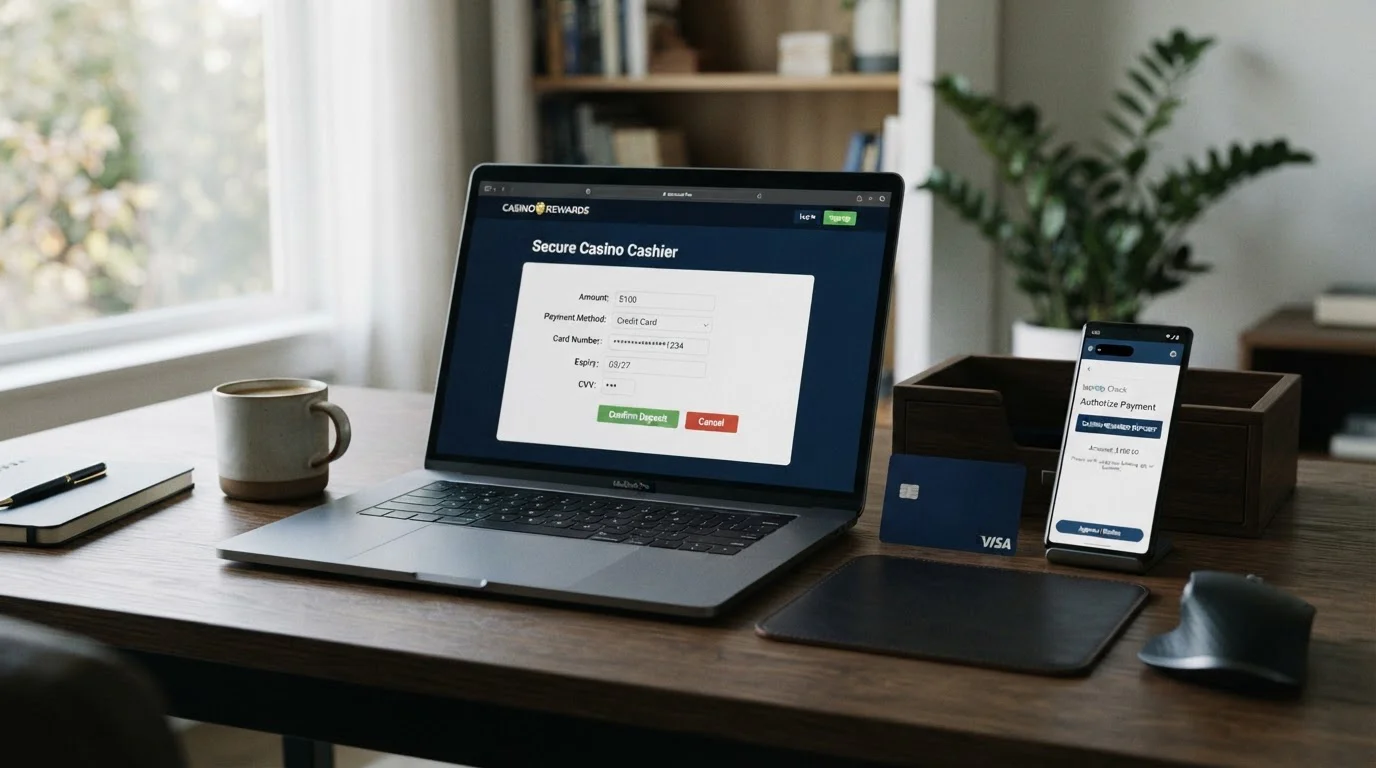 Laptop displaying casino payment page with credit card and smartphone showing security verification