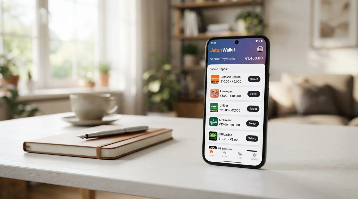 Jeton Wallet e-wallet interface on mobile phone with casino payment screen