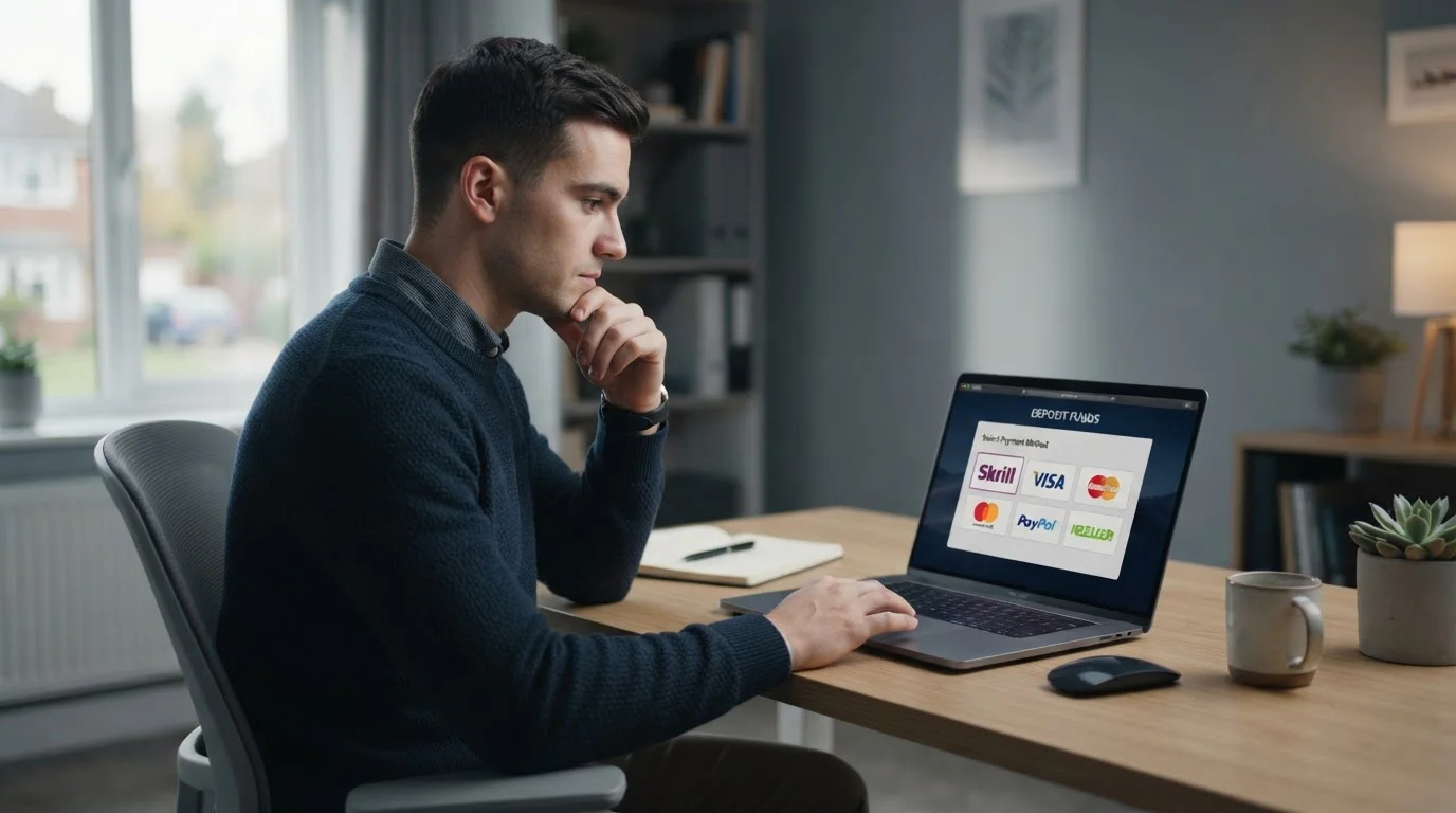 UK casino player reviewing Skrill payment options on laptop screen