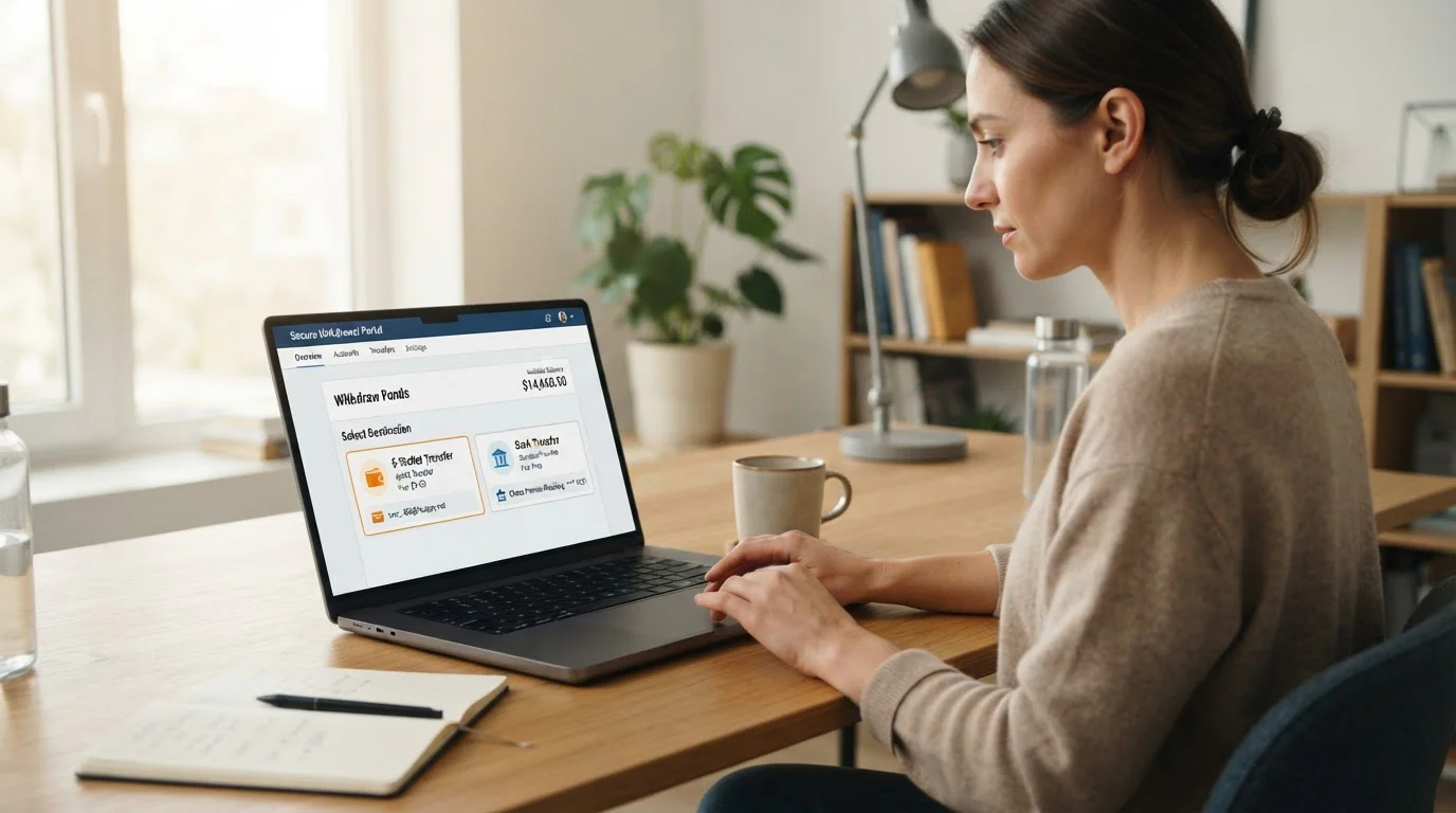 E-wallet and bank transfer withdrawal interface on laptop screen