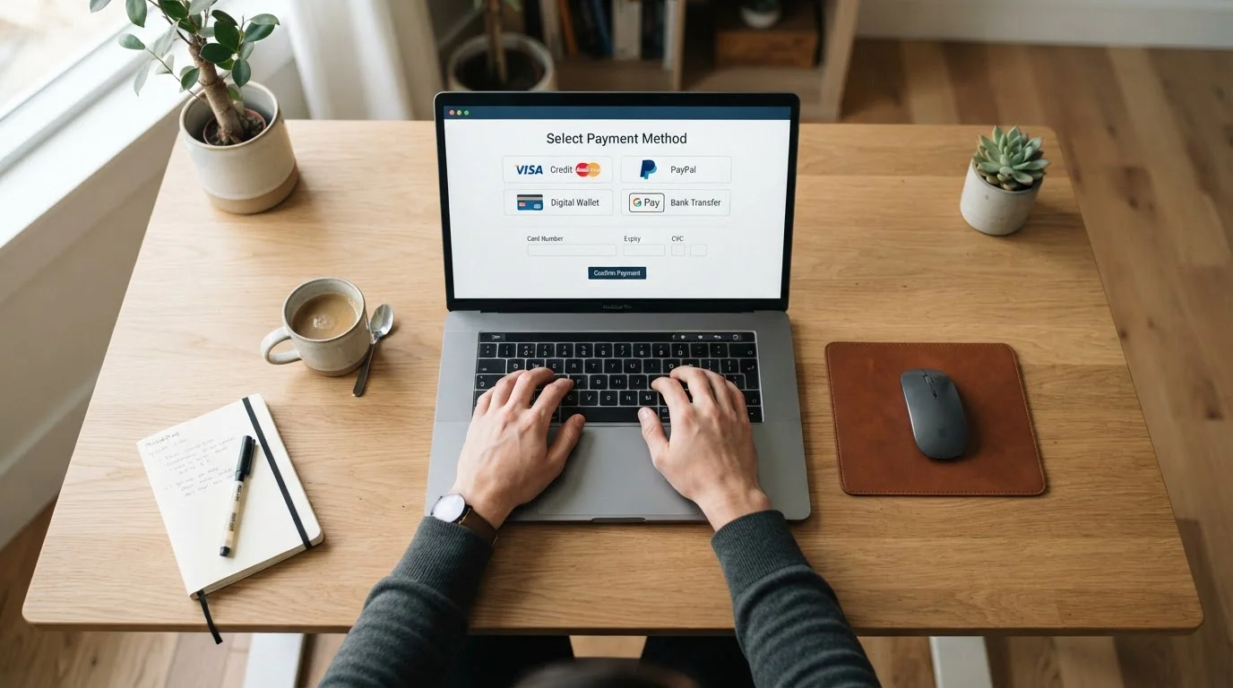 Person reviewing withdrawal options on laptop with payment methods displayed