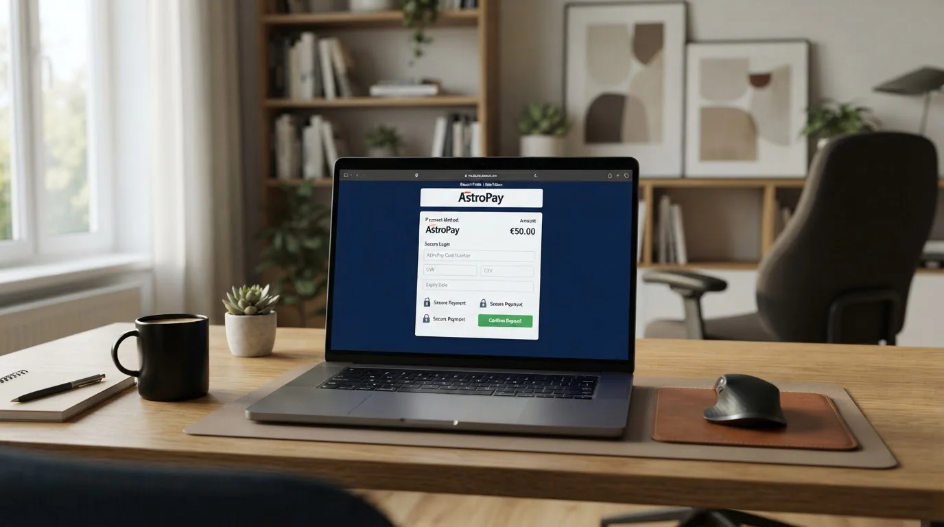 Modern laptop displaying online casino payment options with AstroPay interface