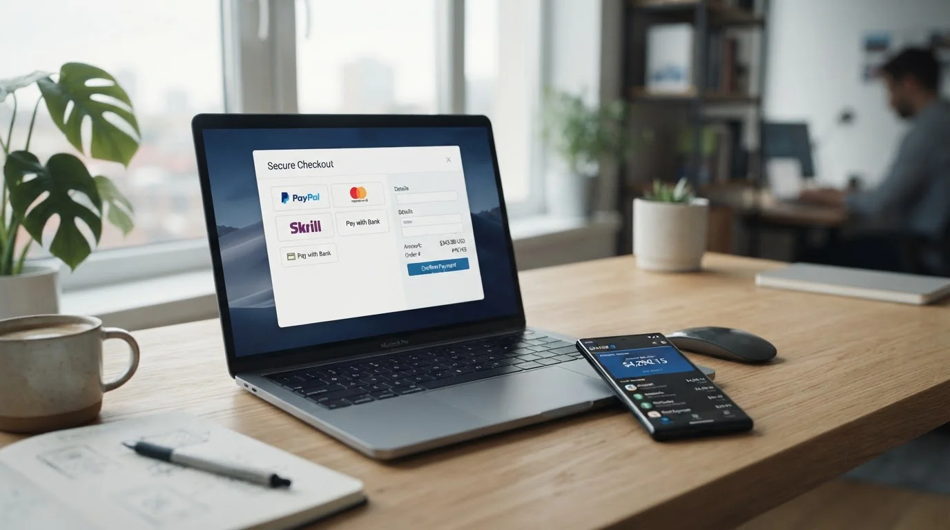 Modern e-wallet payment interface on laptop with PayPal and Skrill logos visible