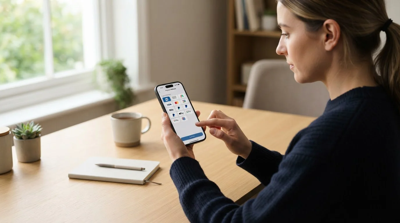 Professional reviewing UK casino payment methods on smartphone with secure digital wallet interface