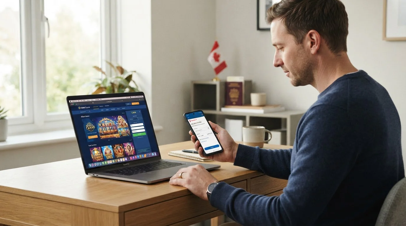 UK resident with laptop and Canadian banking app showing Interac transfer to offshore casino