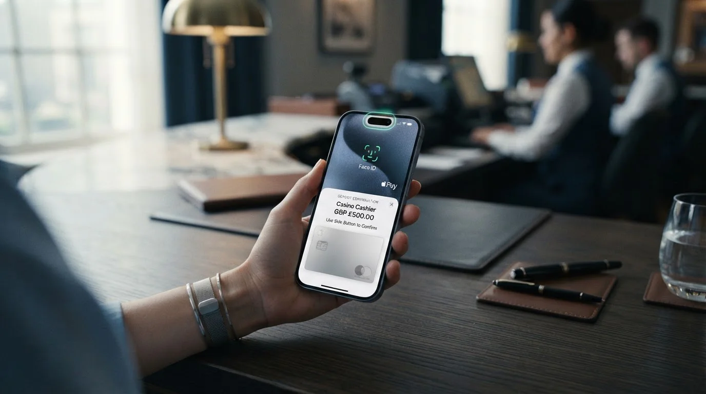 iPhone displaying Apple Pay casino deposit screen with Face ID authentication at UK online casino