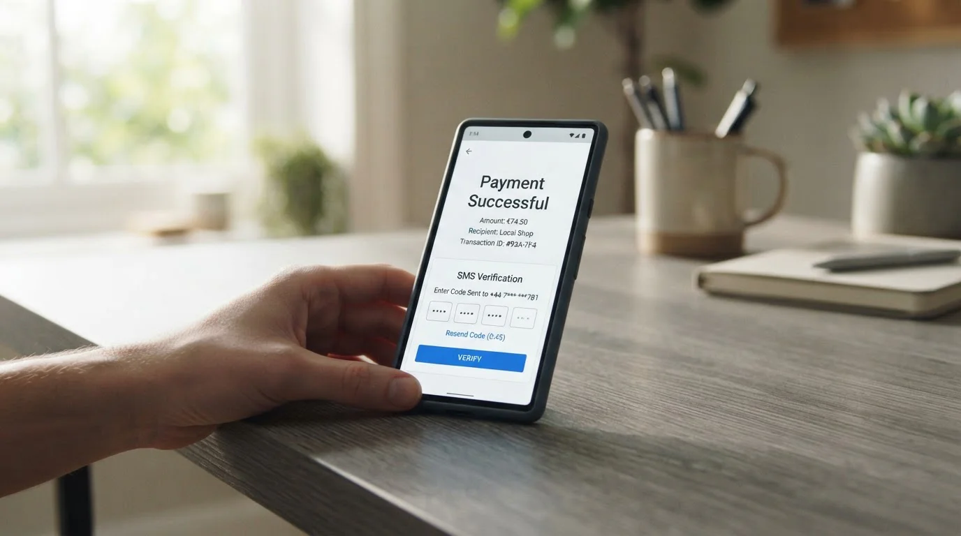 Smartphone displaying mobile payment confirmation screen with SMS verification