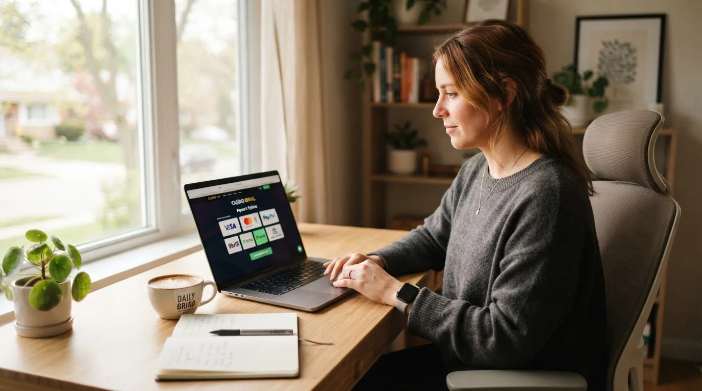 Person at a laptop reviewing online casino payment options in the UK