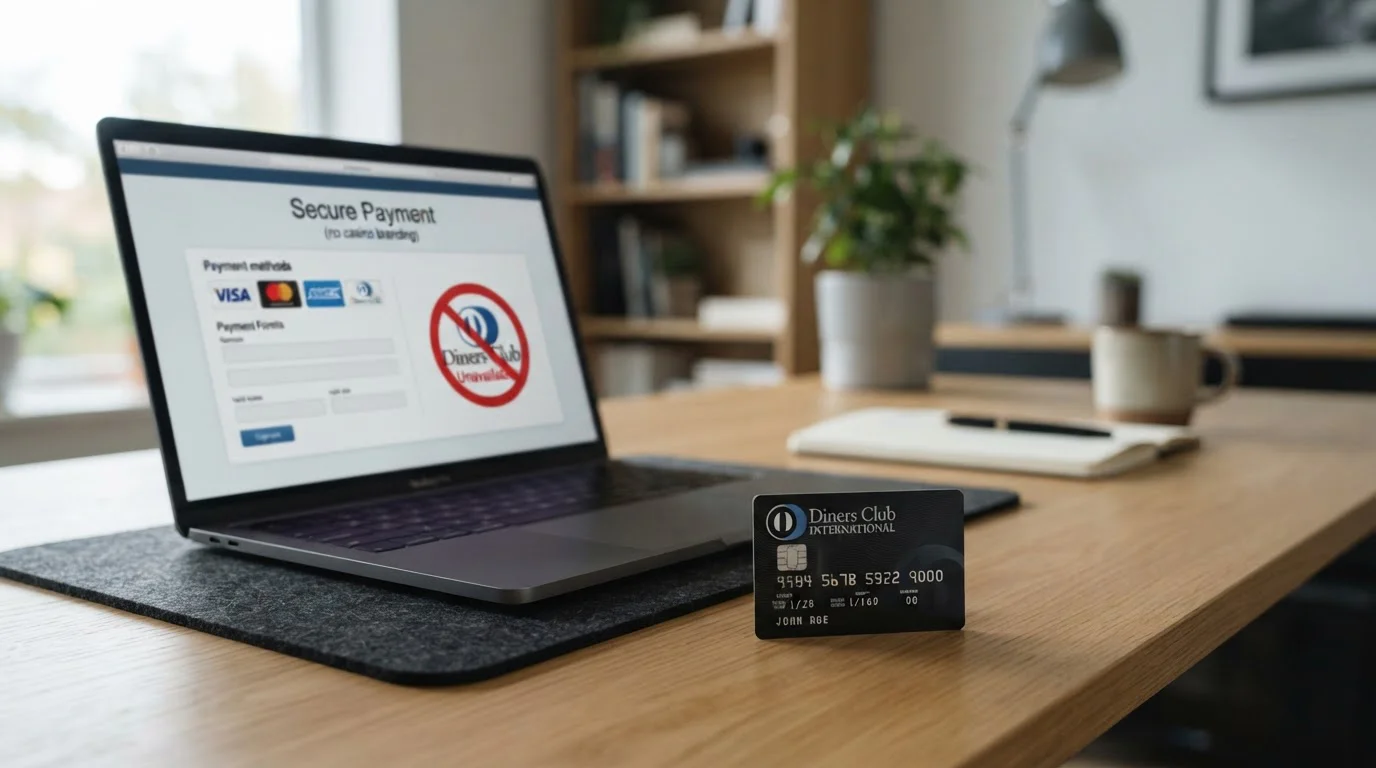 Diners Club credit card displayed at a casino cashier interface showing unavailable payment option