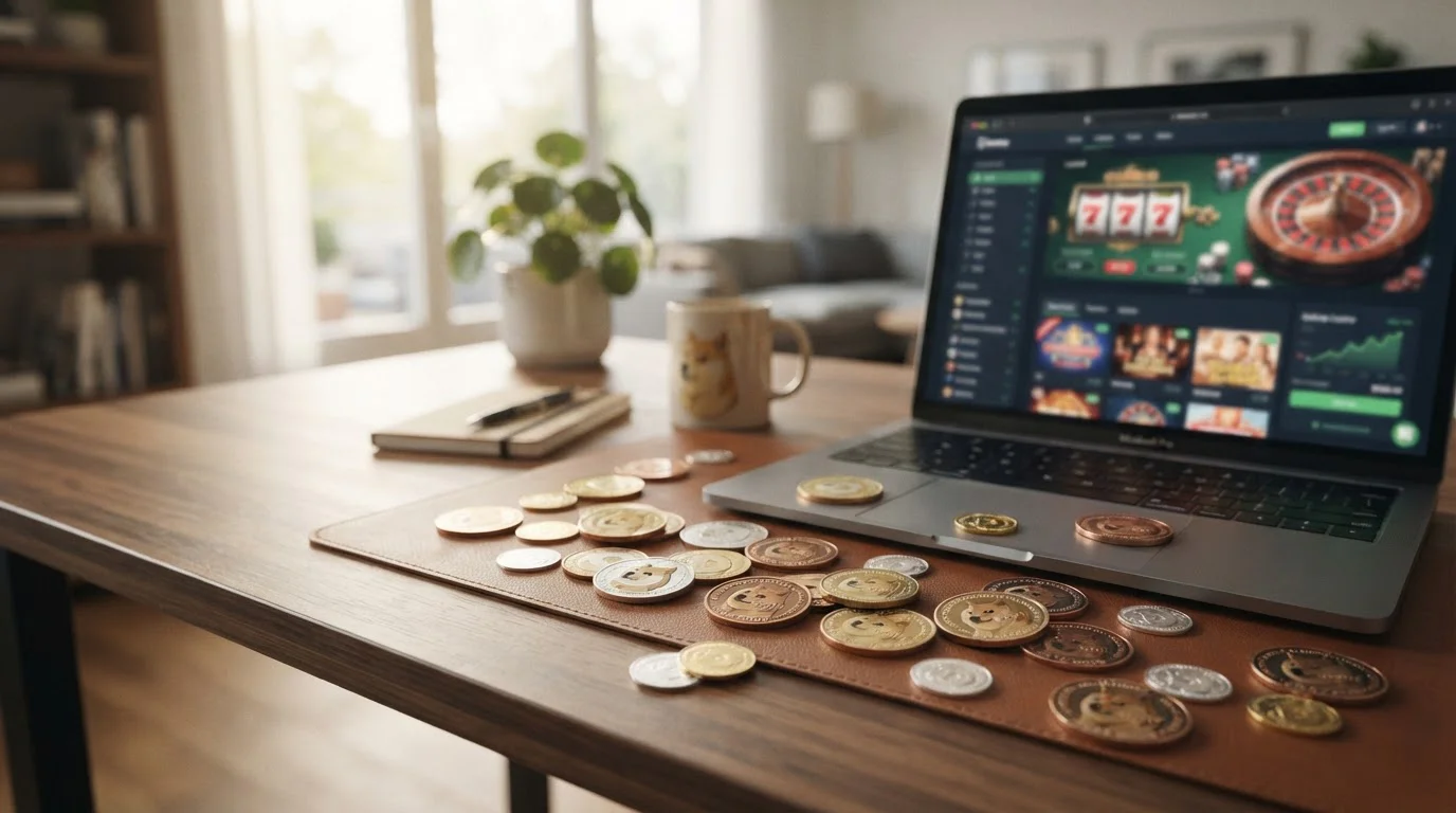 Dogecoin cryptocurrency tokens on a desk with laptop showing casino interface