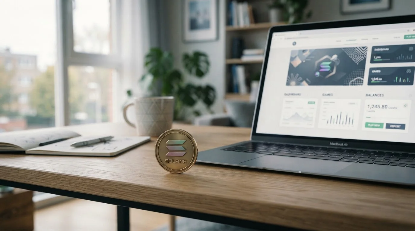 Solana cryptocurrency token on a desk with a laptop displaying a neutral crypto casino interface