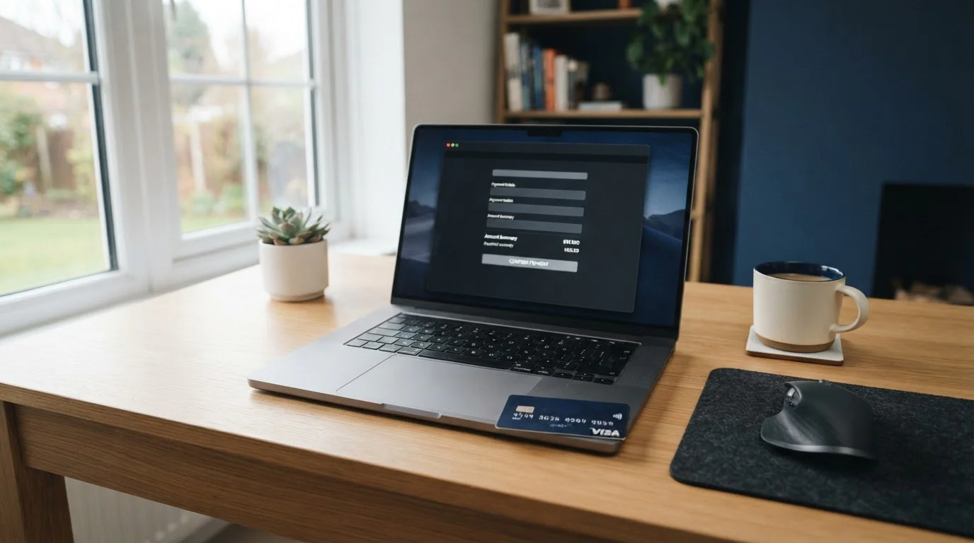 Modern desk with Visa Debit card and laptop showing UK casino payment options