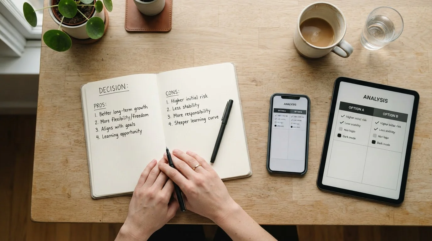 Notebook with pros-cons list for choosing payment methods