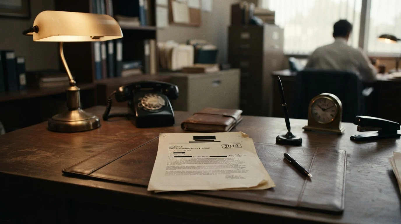 Office desk with archived Wirecard company document showing 2014 closure notice