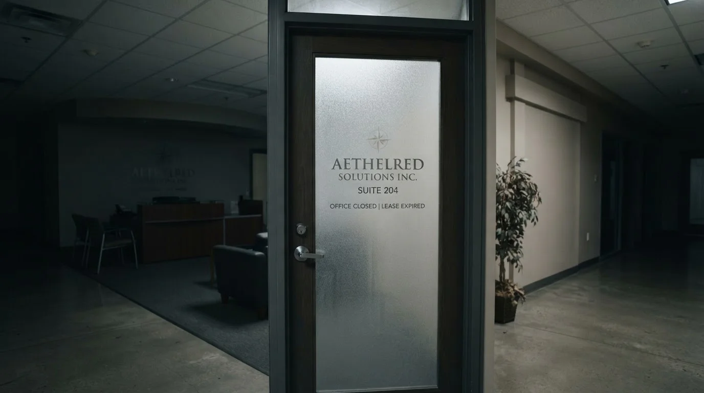 Closed office door with defunct e-wallet service signage