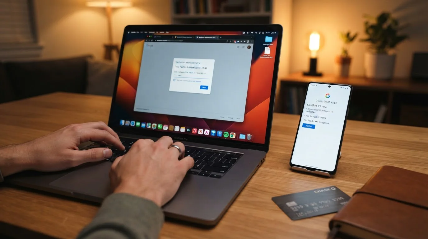 Person typing on laptop with smartphone showing two-factor authentication notification