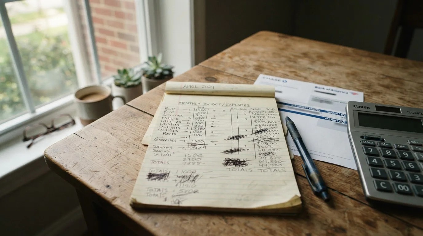 Notepad with cost calculations, credit card statement, and calculator on desk
