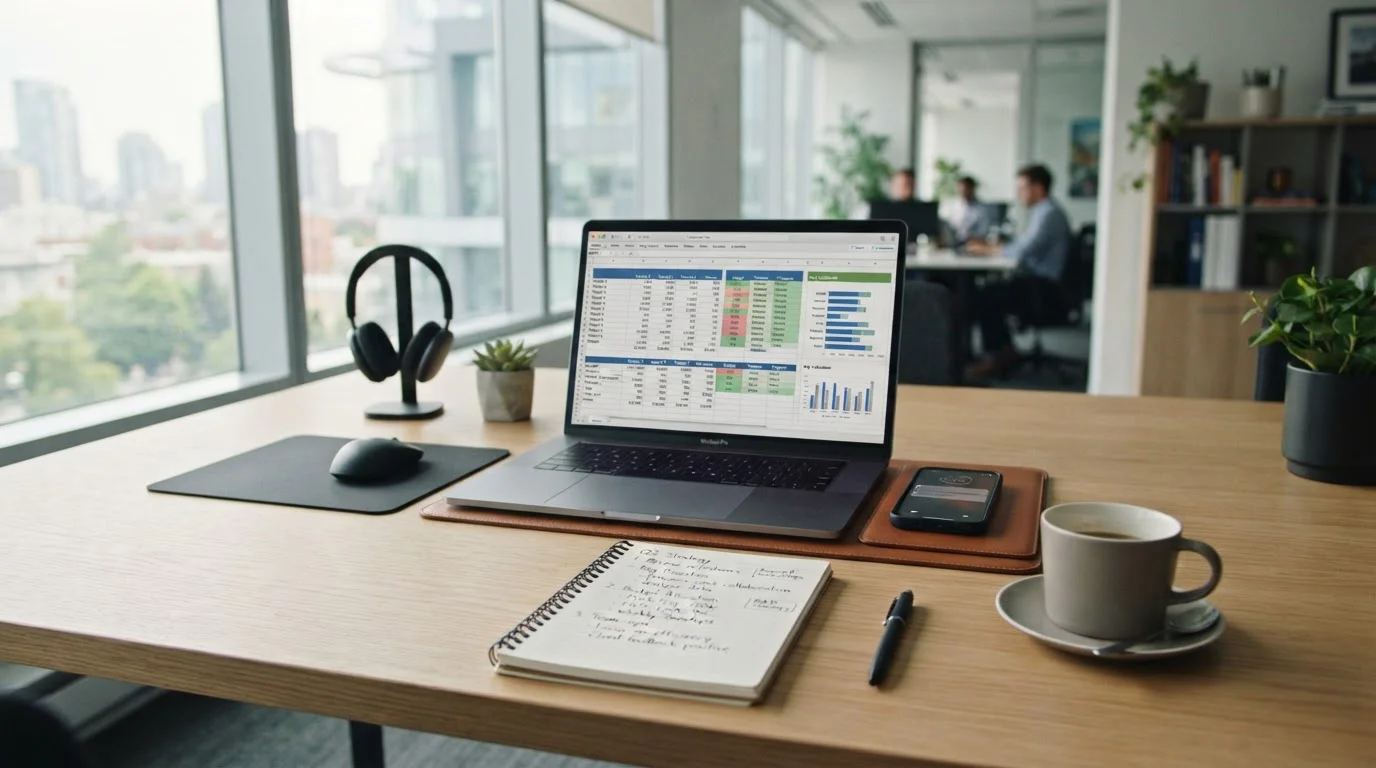Workspace with laptop showing comparison spreadsheet, smartphone, handwritten notes and coffee