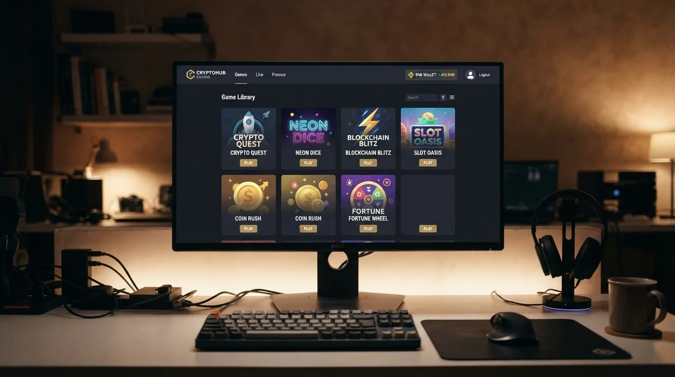 Crypto casino interface showing game library and BNB wallet balance on desktop