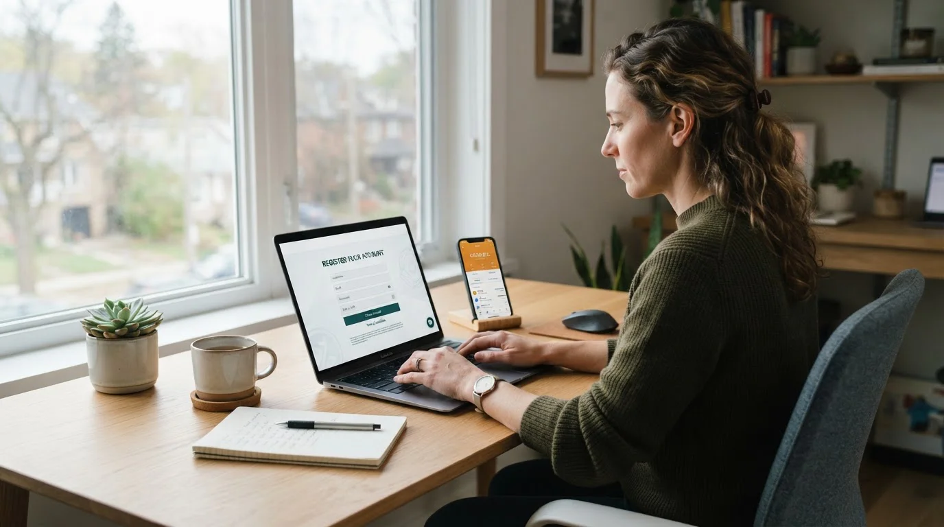 Person at desk with laptop and mobile crypto wallet transferring funds