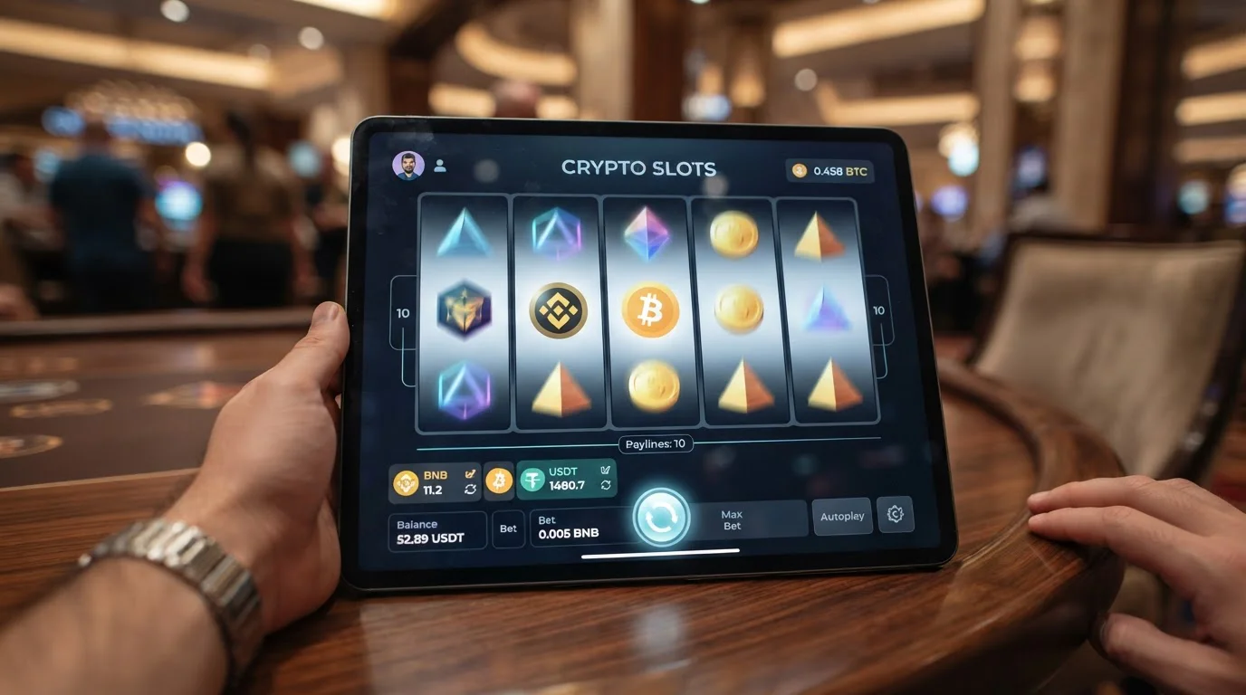 Clean slot interface showing generic reels and crypto wallet icons for BNB, BTC and USDT