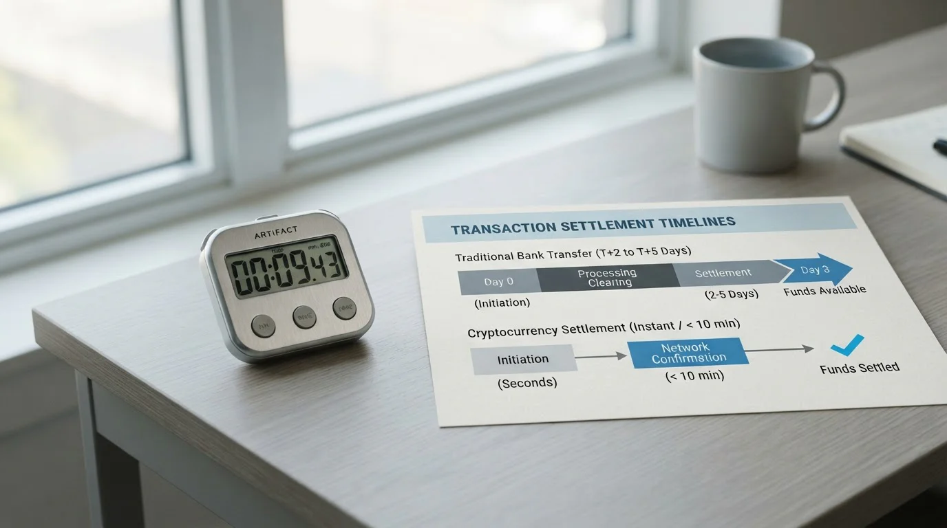 Stopwatch showing fast crypto withdrawal time versus traditional bank transfer timeline