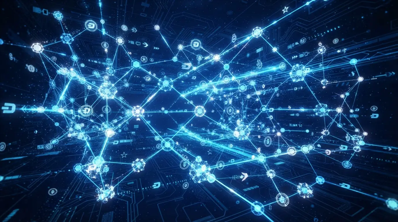 Abstract blockchain network visualisation with glowing nodes and connection pathways