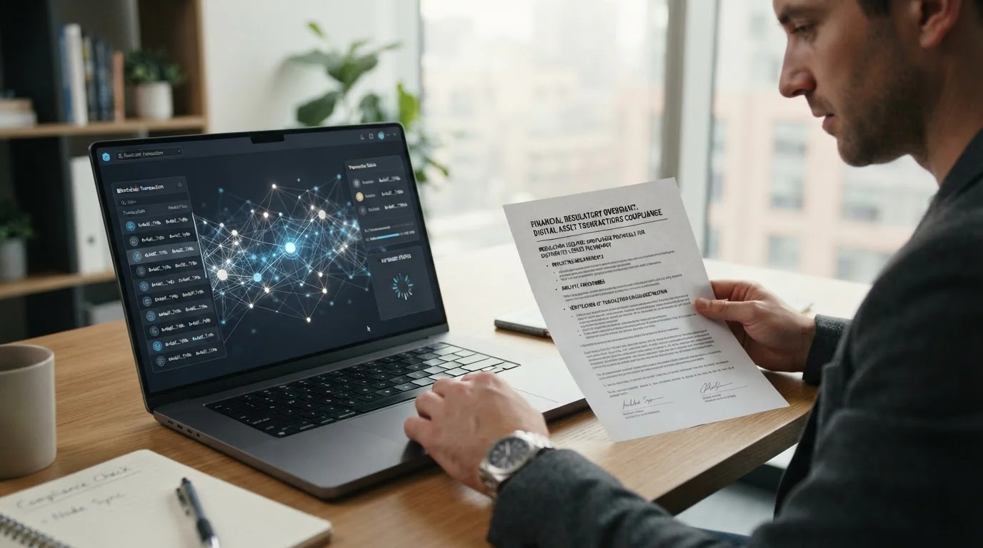 Laptop showing blockchain transaction visualisation beside printed regulatory document