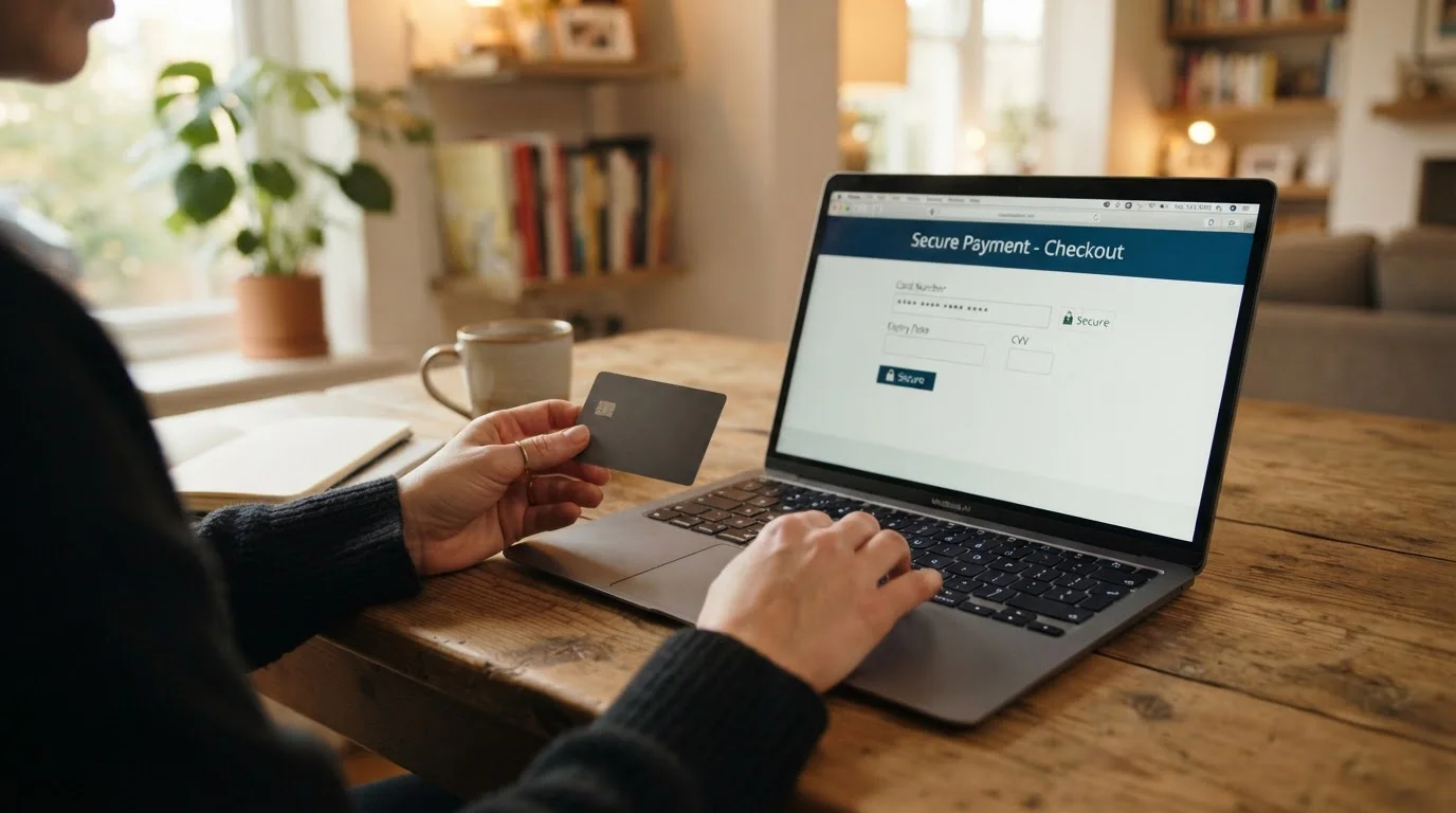 Person holding Visa Debit card entering payment details on laptop at home