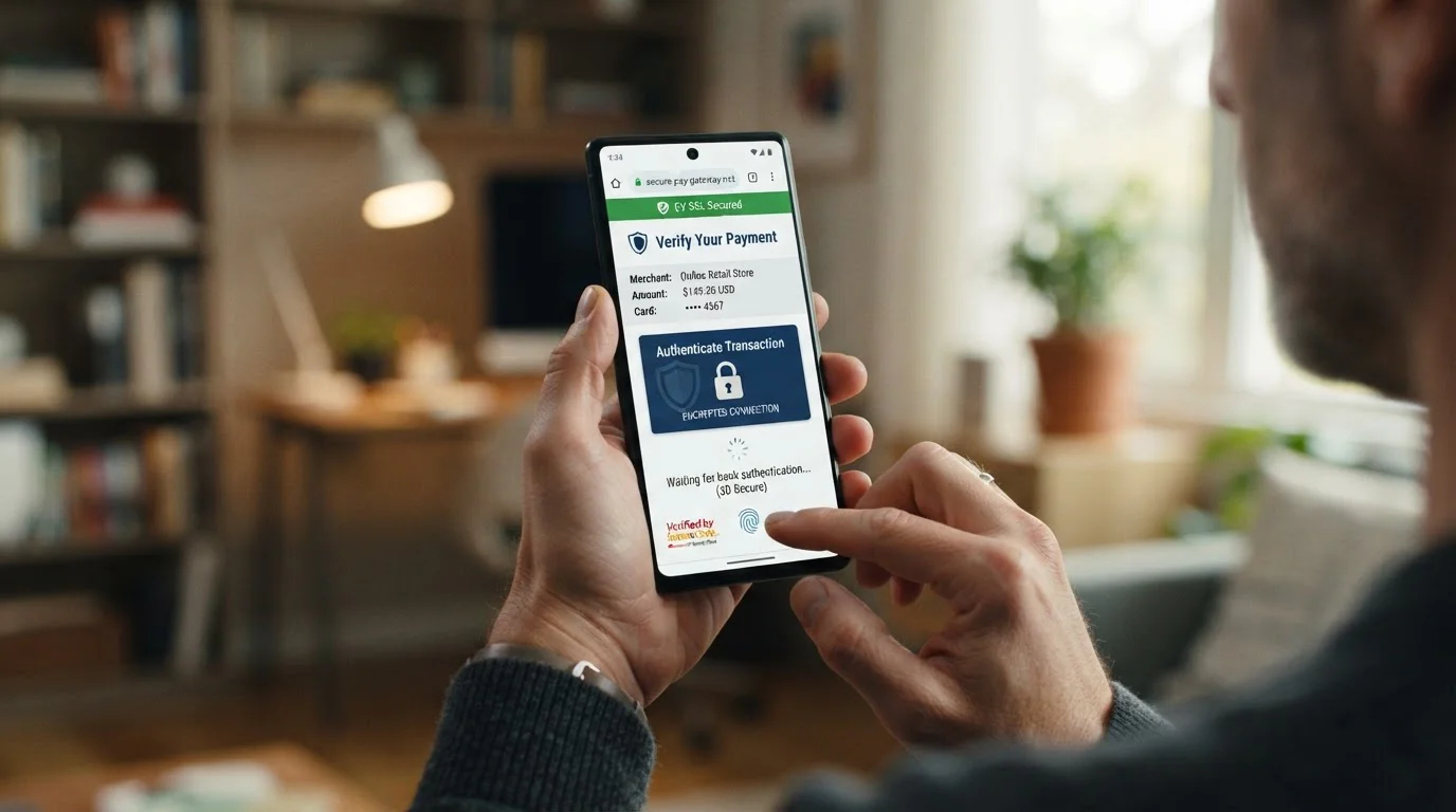 SSL encryption padlock icon and 3D Secure authentication on mobile banking screen