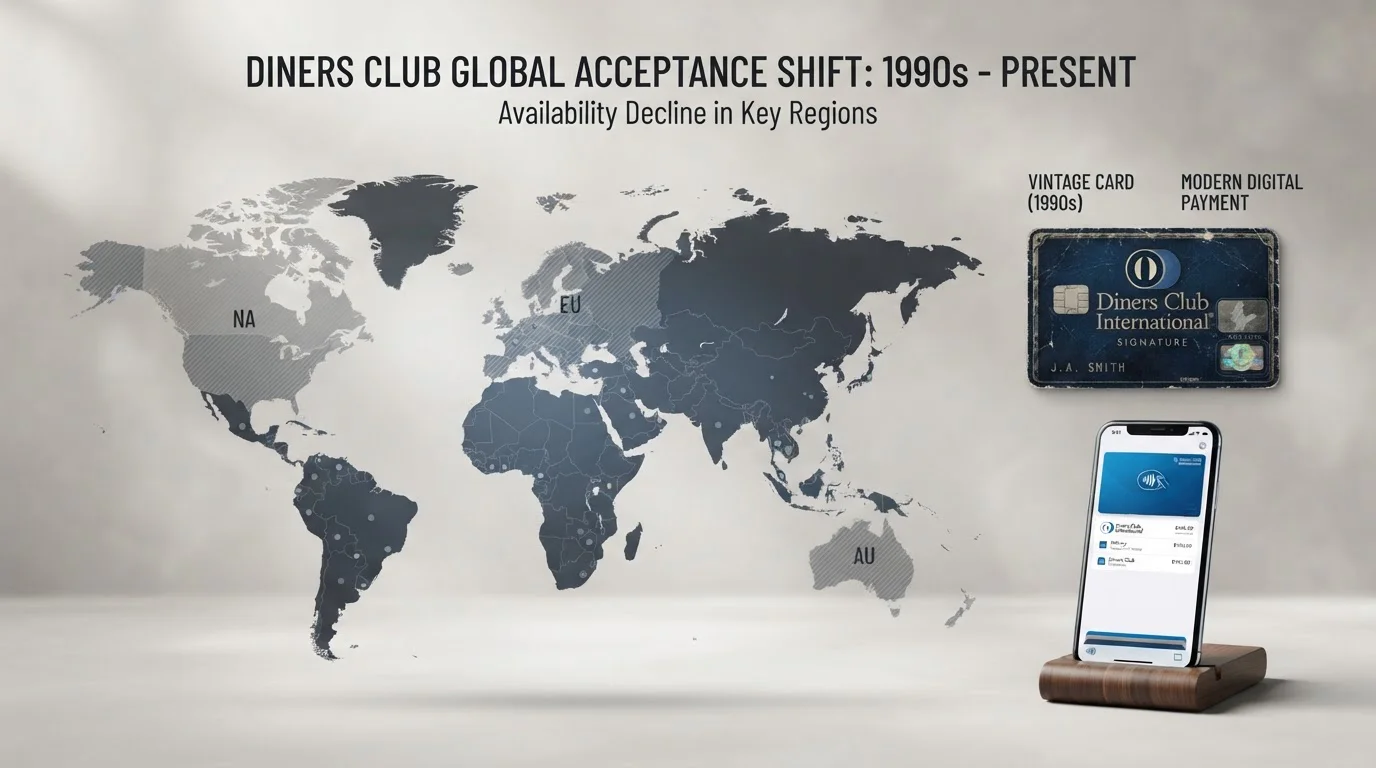 Timeline showing Diners Club withdrawal from consumer markets in the US, Australia, and Europe