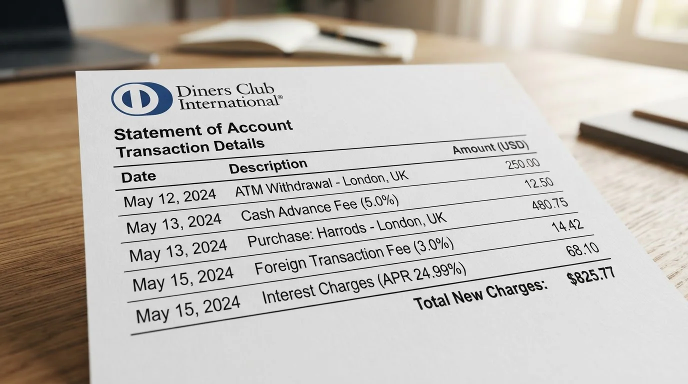Diners Club card statement showing gambling transaction fees including cash advance charge and foreign currency markup
