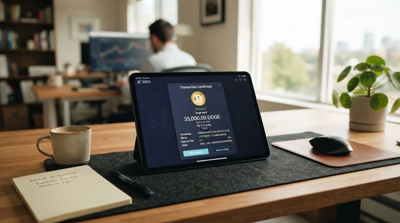 Cryptocurrency wallet interface showing Dogecoin transaction confirmation