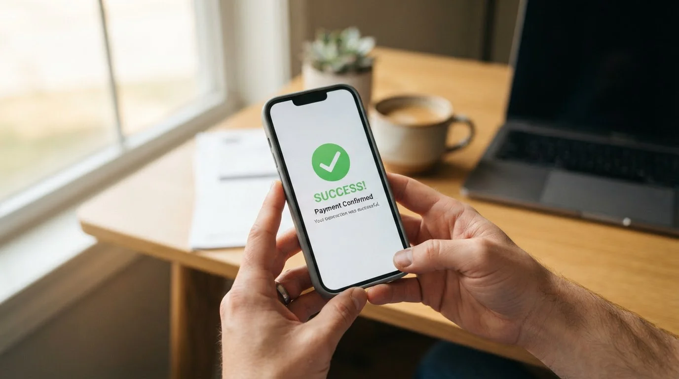 Smartphone showing payment confirmation screen with success indicators
